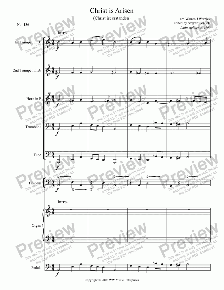 page one of Christ is Arisen (Christ ist erstanden) (Easter Hymn) for Brass Quintet, Timpani and Organ