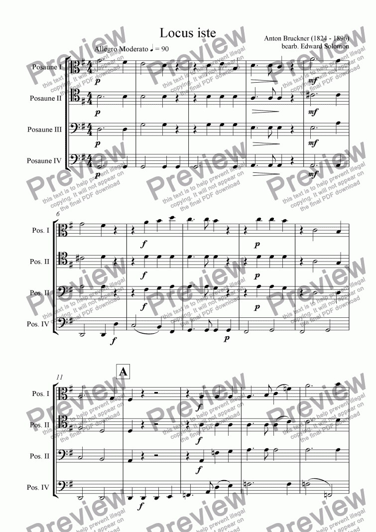 page one of Locus Iste for trombone quartet