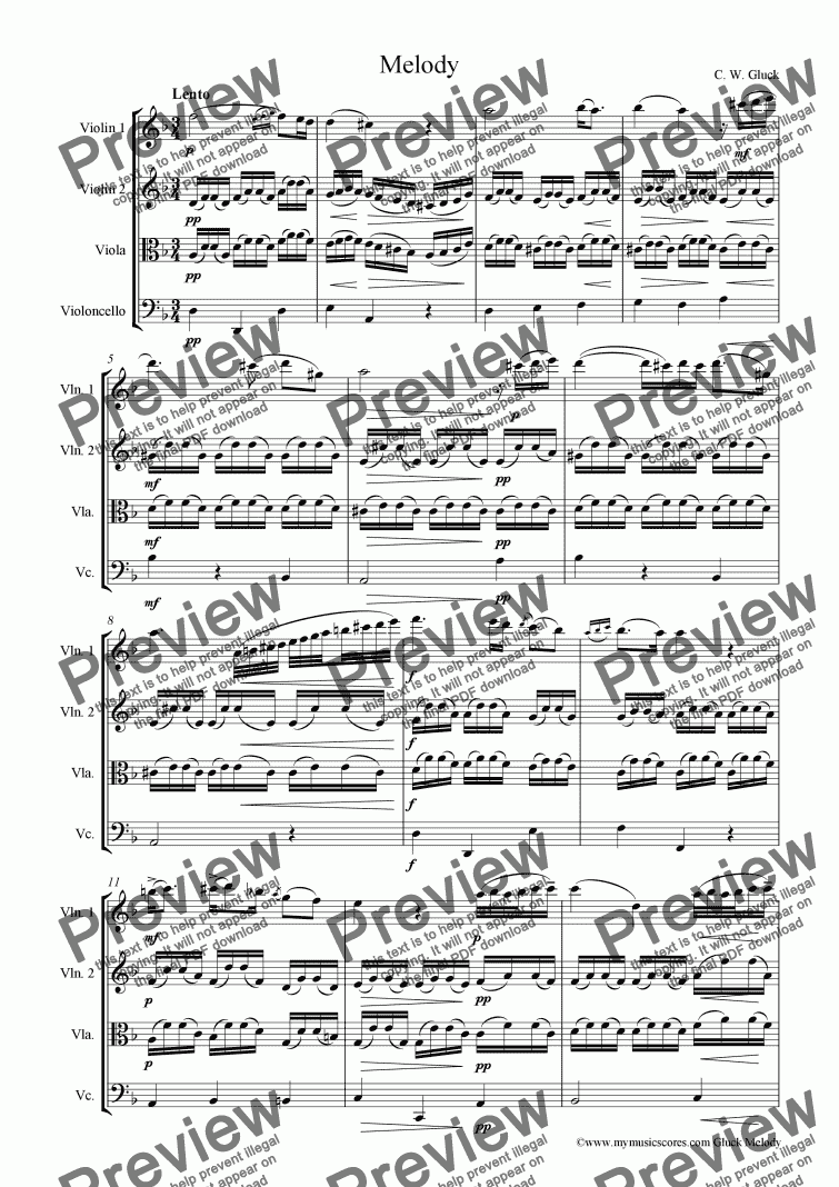 page one of Gluck Melody from  Orpheus and Euridice for String Quartet
