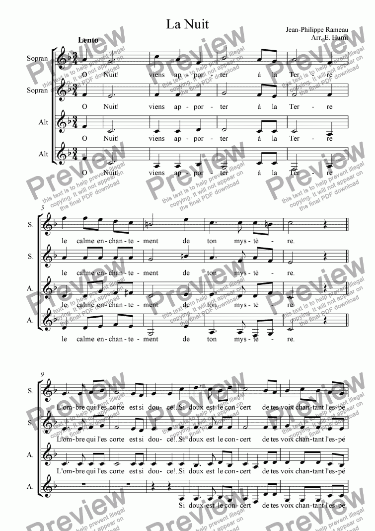 page one of La nuit, by Rameau; for Choir