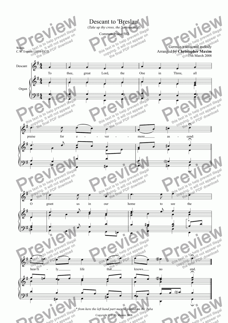 page one of Descant to 'Breslau' (Take up thy cross the Saviour said)