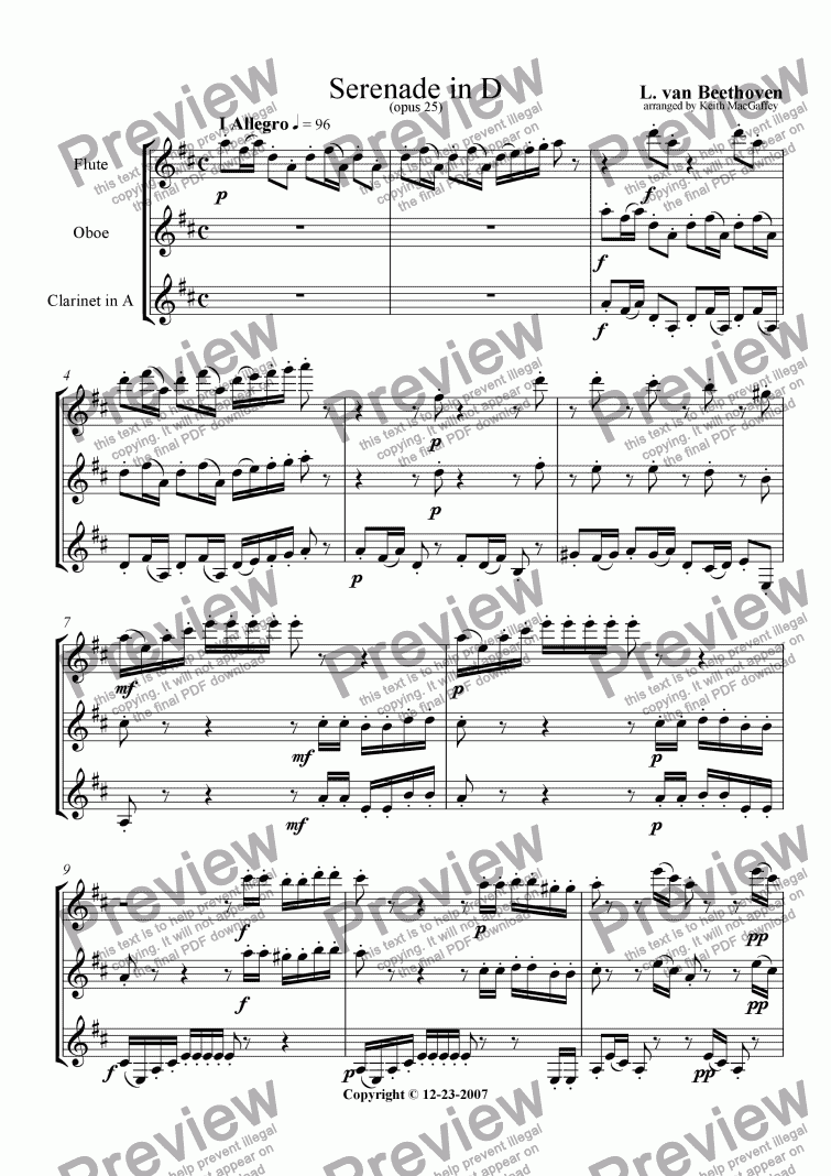 page one of Beethoven: Serenade in D opus 25 arr. Fl, Ob & Cl