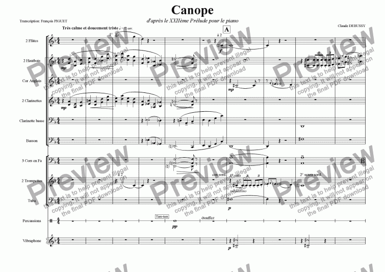 page one of Cl. DEBUSSY: "Canope", Prelude for Piano arranged for Woodwinds and Brass by Fran�ois PIGUET