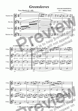 page one of Greensleeves   (Saxophone Quartet)
