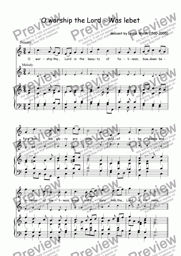 page one of Descant (vocal/instrumental) to Was lebet (O worship the Lord)