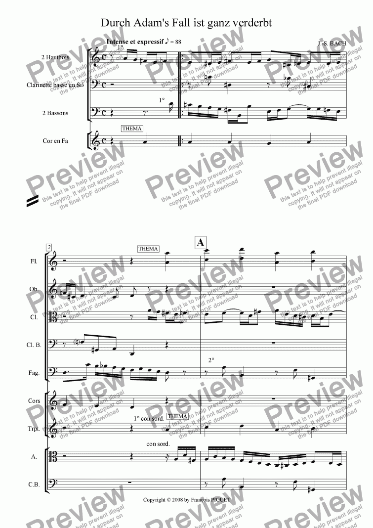 page one of J.-S. BACH : "Durch Adam's Fall ist ganz verderbt " Chorale Prelude for organ arranged for chamber orchestra by Fran�ois PIGUET