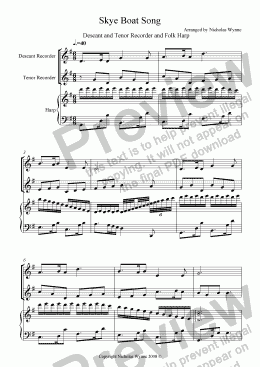 page one of Skye Boat Song for Descant and Tenor Recorder and Folk Harp