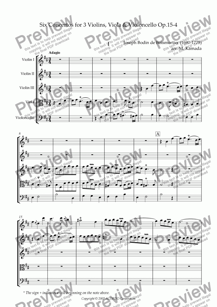 page one of Six Concertos No.4 for three Violins, Viola & Violoncello Op.15-4