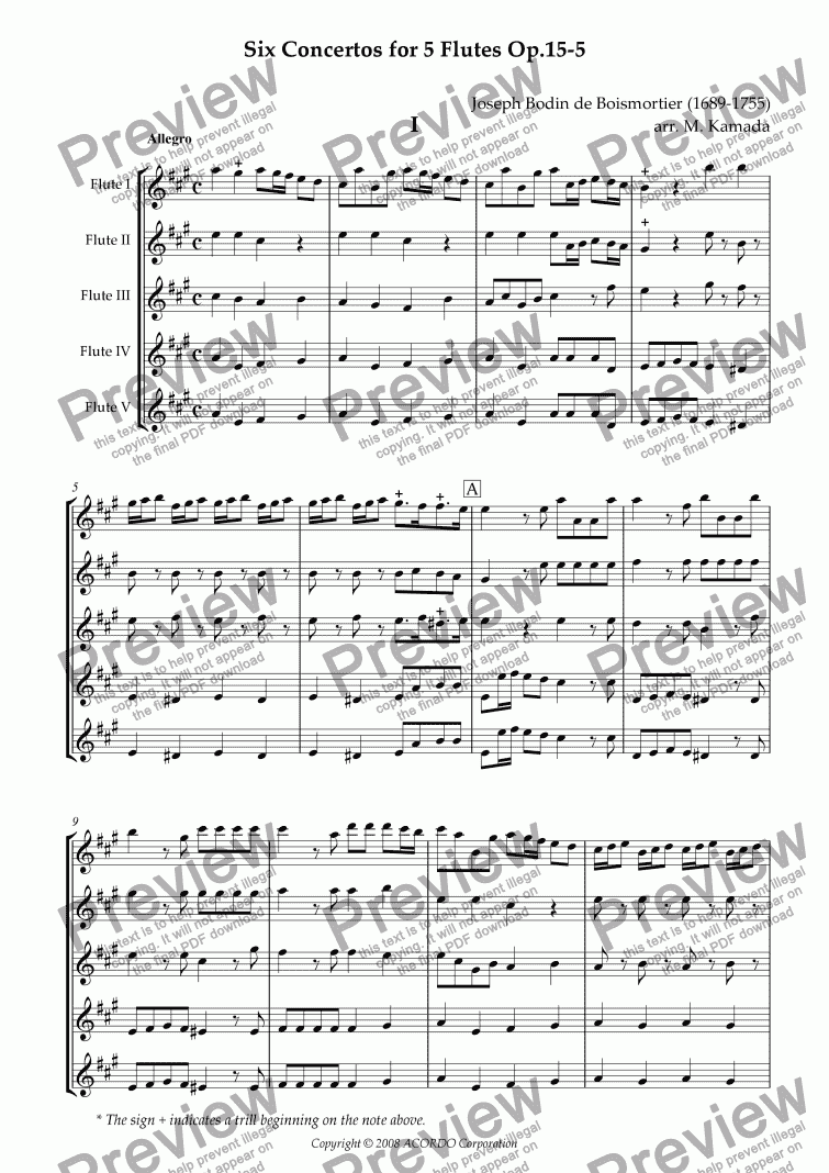 page one of Six Concertos No.5 for five Flutes Op.15-5