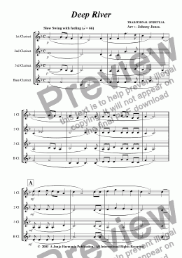 page one of Deep River   (Clarinet Quartet)