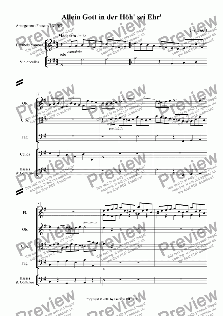 page one of J.-S. BACH: "Allein Gott in der H�h' sei Ehr' ", Chorale Prelude for Organ arranged for Chamber orchestra by Fran�ois PIGUET