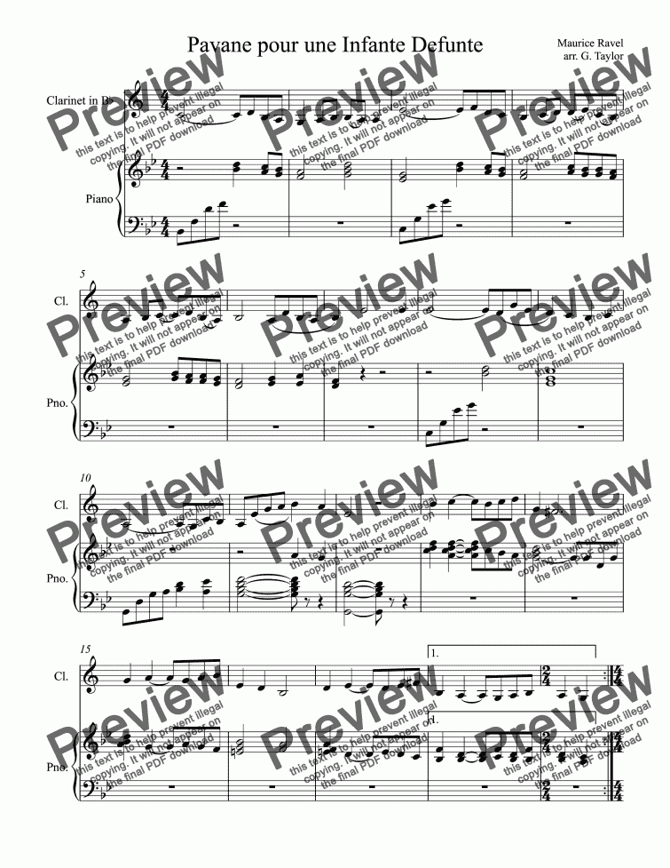 page one of Pavane Pour Une Infante Defunte for Clarinet with Piano Accompaniment