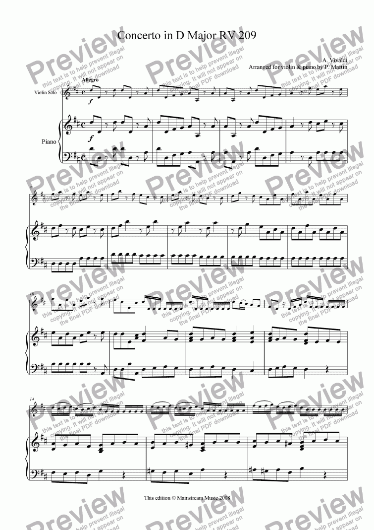 page one of Concerto in D Major RV 209 - Violin & Piano