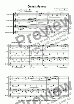 page one of Greensleeves   (Clarinet Quartet)