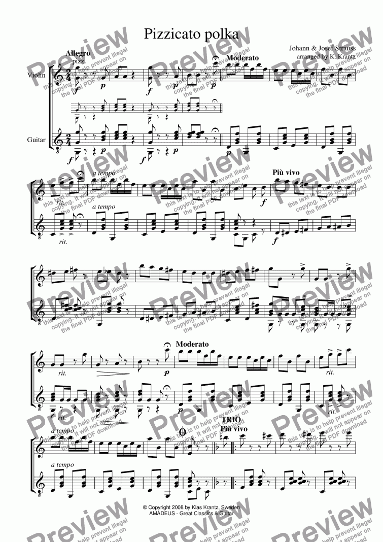 page one of Pizzicato polka for violin and guitar