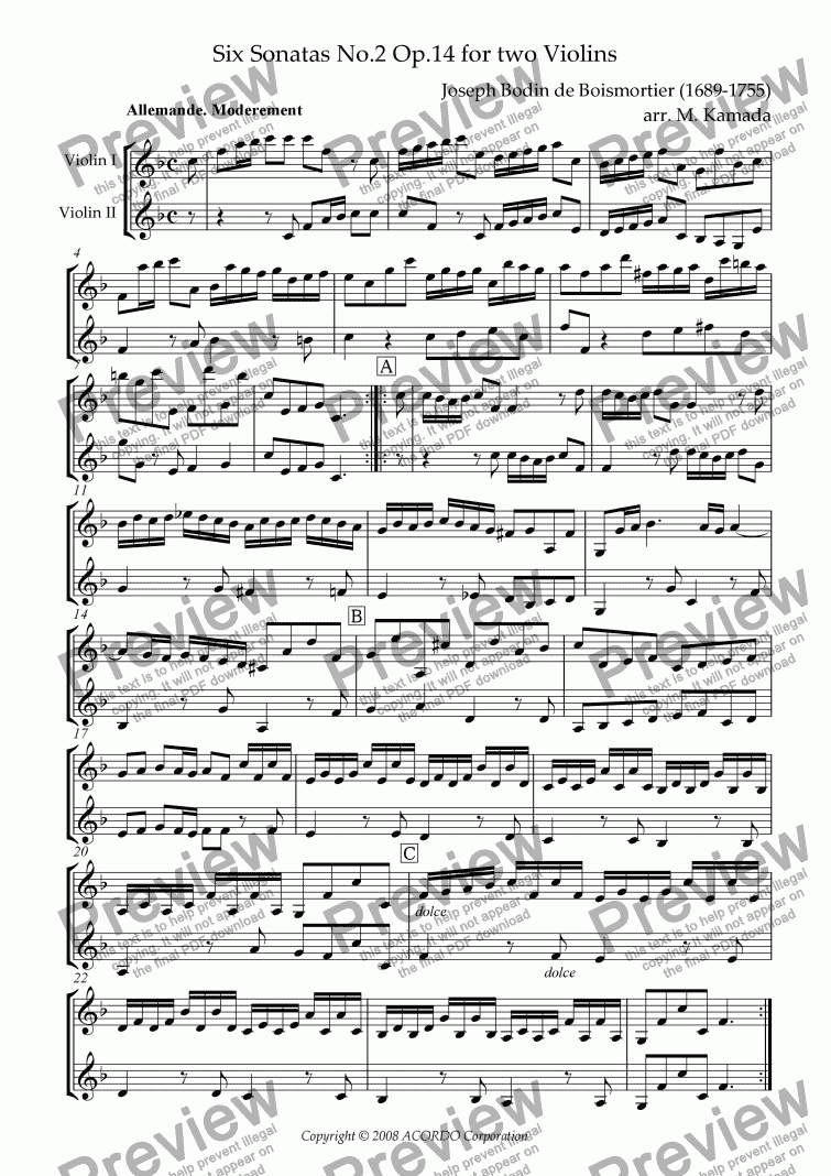 page one of Sonata (Duet) for Two Violins Op.14-2
