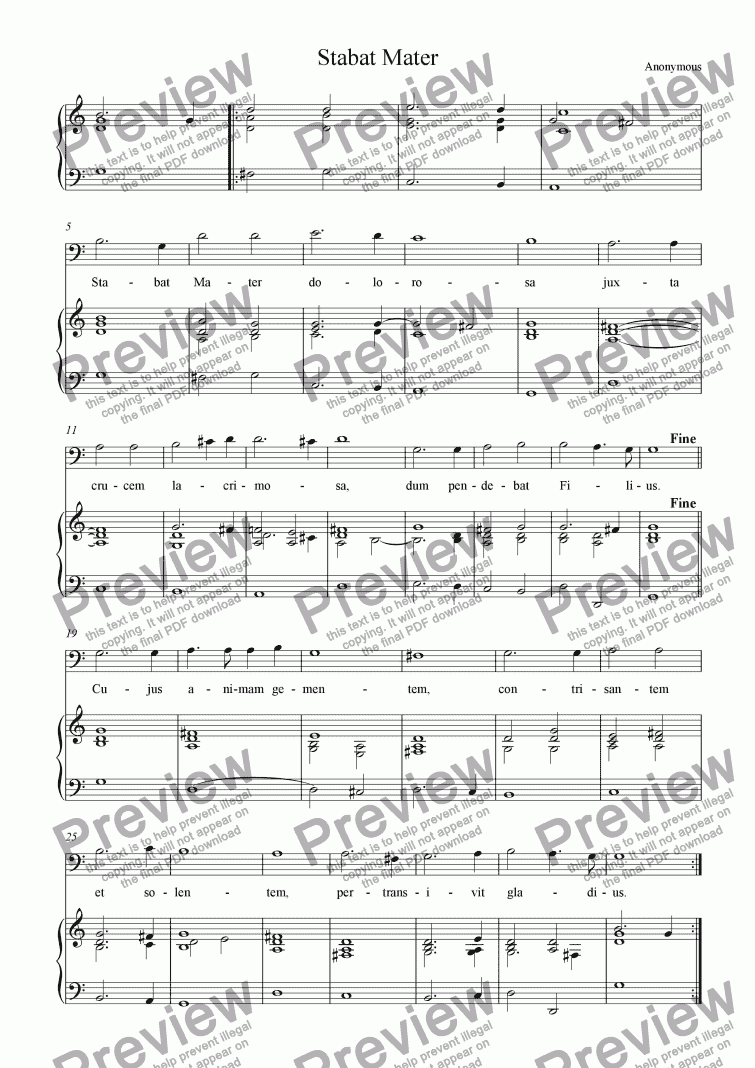 page one of Stabat mater, Anonymous setting, Baritone and Piano