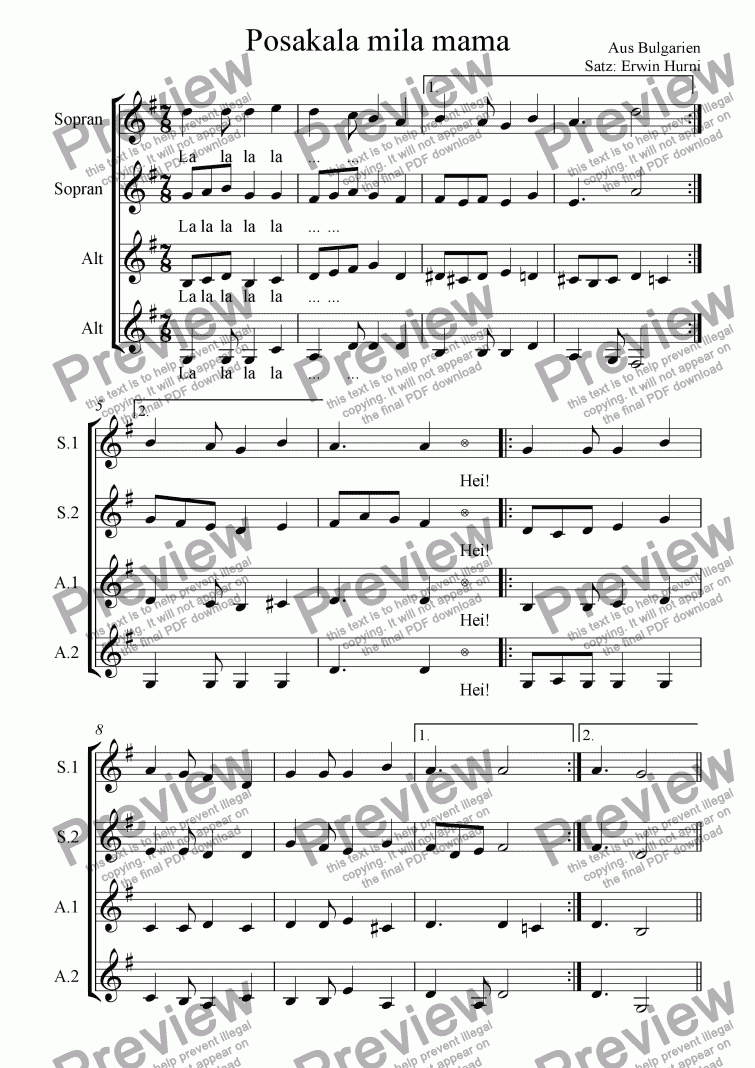 page one of Posakala mila mama, bulgarian folksong, Choir SSAA