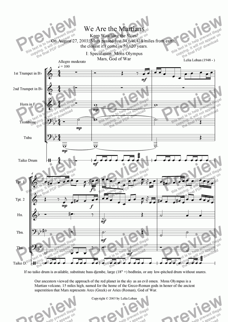 page one of We Are the Martians (brass quintet + drum)
