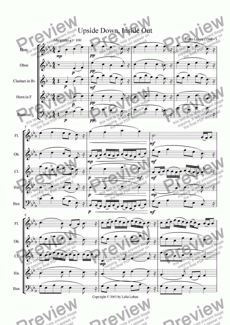 page one of Upside Down, Inside Out (wind quintet)