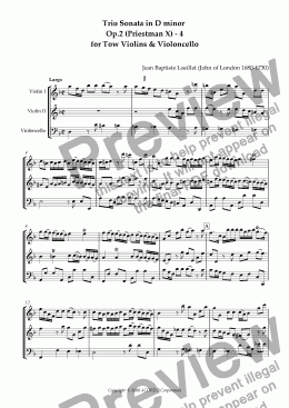 page one of Trio Sonata in D minor  Op.2 (Priestman X) - 4 for Tow Violins & Violoncello