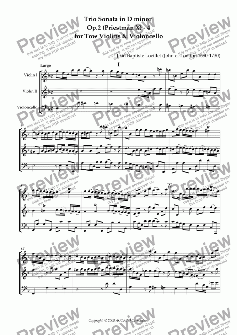 page one of Trio Sonata in D minor  Op.2 (Priestman X) - 4 for Tow Violins & Violoncello