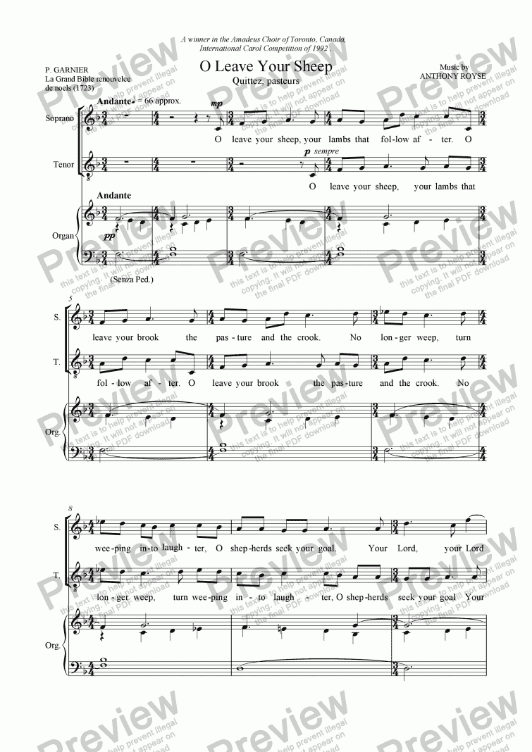 page one of O Leave Your Sheep. (SATB + Organ)