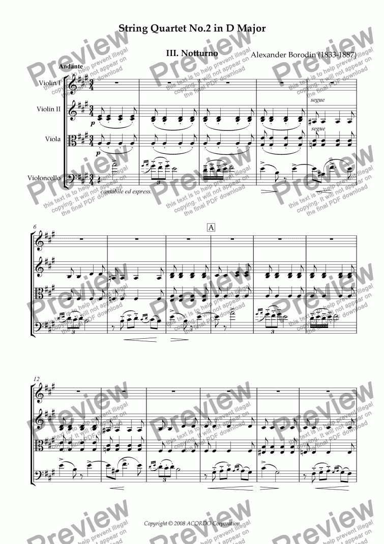 page one of String Quartet No.2 in D Major III. Notturno