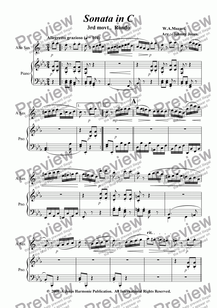 page one of Piano Sonata in C    3rd movt.. Rondo  Alto Sax