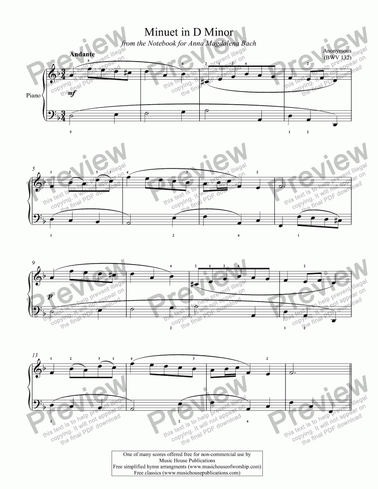 page one of Minuet in D Minor (BWV 132)