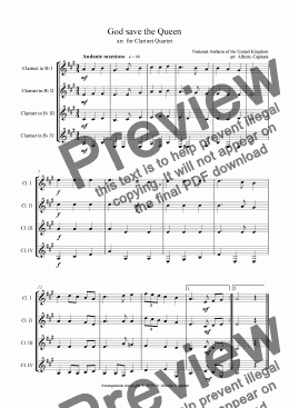 page one of God save the Queen - arr. for Clarinet Quartet