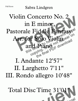 page one of Violin Concerto No. 2 in E minor, I. Andante, Arranged for Solo Violin with Piano Accompaniment