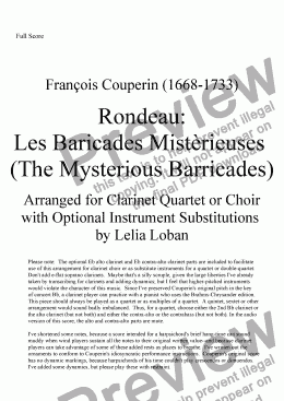 page one of The Mysterious Barricades (F. Couperin arranged for clarinet quartet/choir)