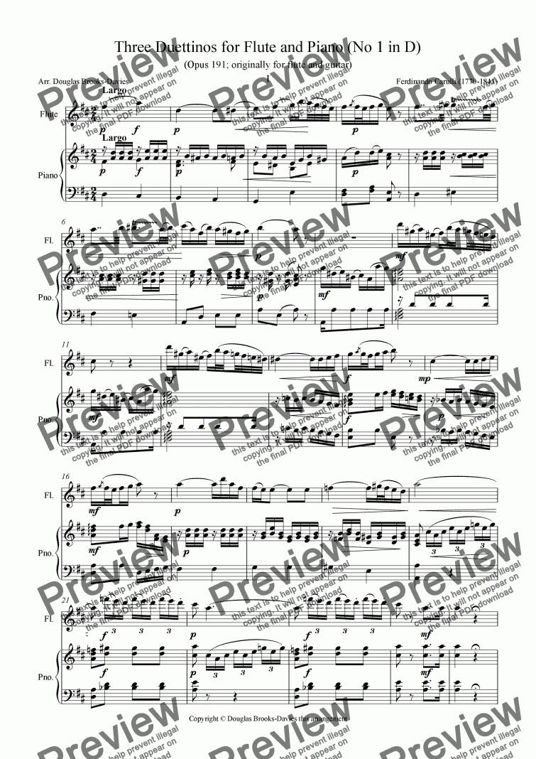 page one of Carulli: Three Duettinos for Flute and Piano. No 1 in D (Op. 191)
