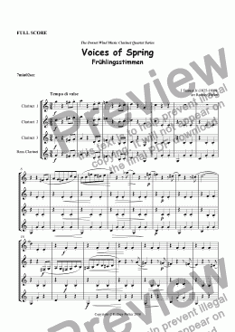 page one of Voices of Spring arr. for Clarinet Quartet