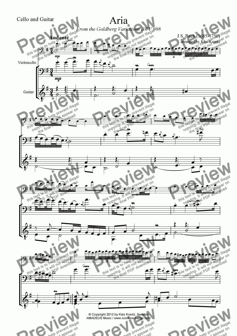 page one of Goldberg variations BWV 988 - Aria for cello and guitar