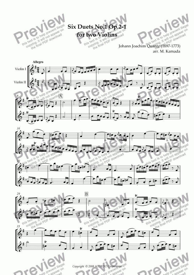 page one of Six Duets No.1 Op.2-1 for two Violins