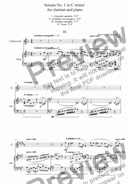 page one of Sonata No. 1 in C minor for clarinet and piano - III Andante tranquillo
