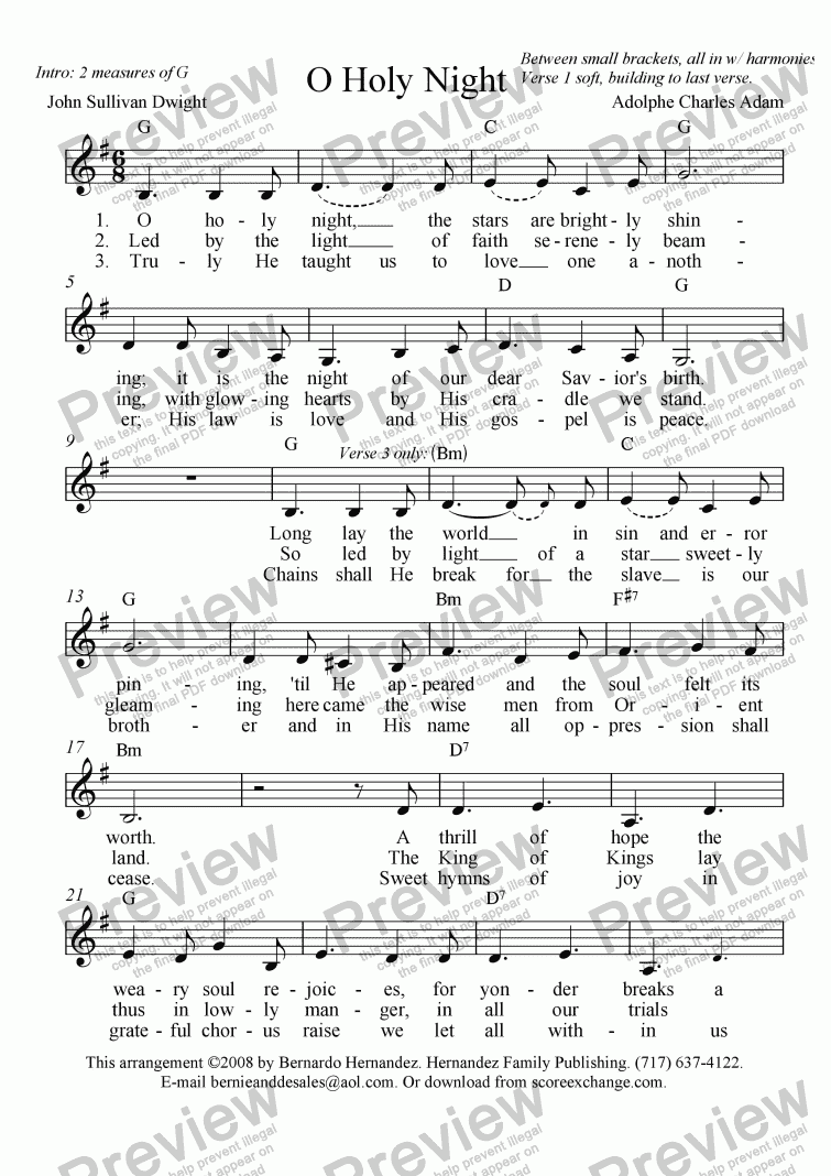 page one of O Holy Night - Leadsheet for Piano/Vocal/Guitar Lowered to G