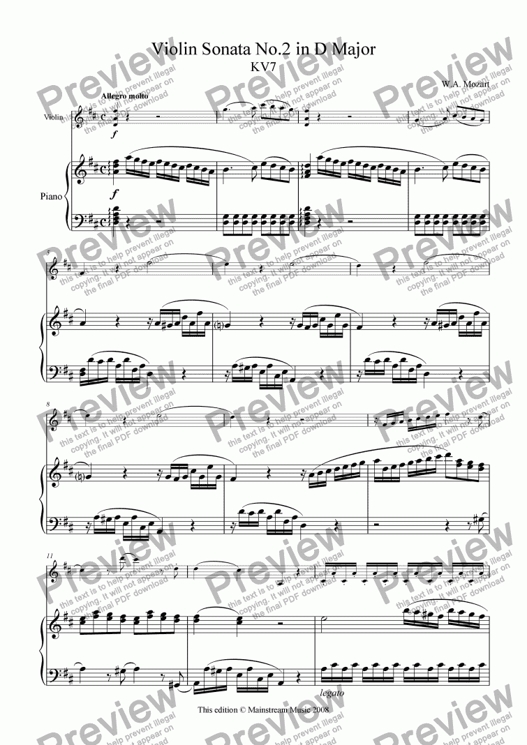 page one of Violin Sonata No.2 in D Major KV7