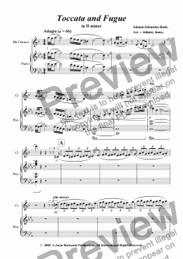 page one of Toccata and Fugue   (Bb Clarinet and Piano)