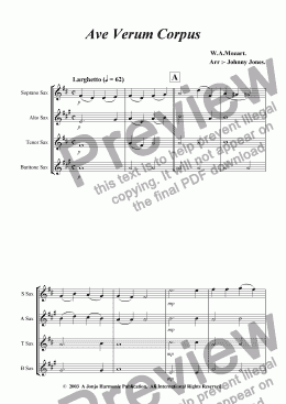 page one of Ave Verum Corpus   (Saxophone Quartet)