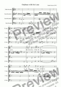 page one of The Song "Orpheus with his Lute", Version for 4 recorders