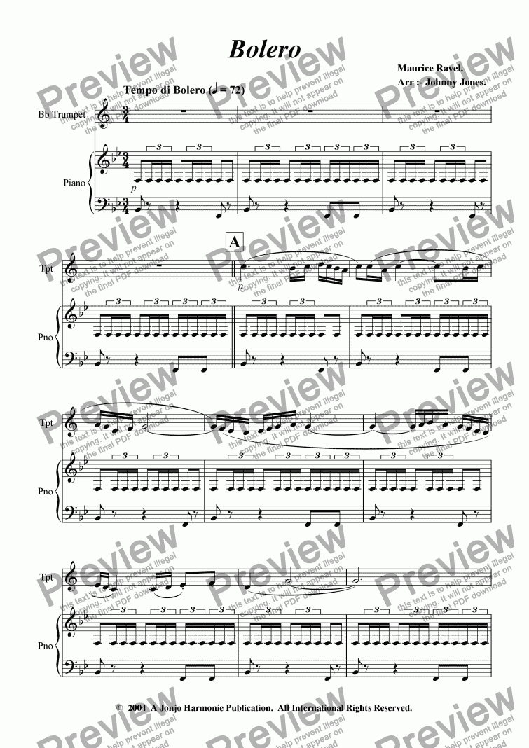 page one of Bolero   (Bb Trumpet and Piano)