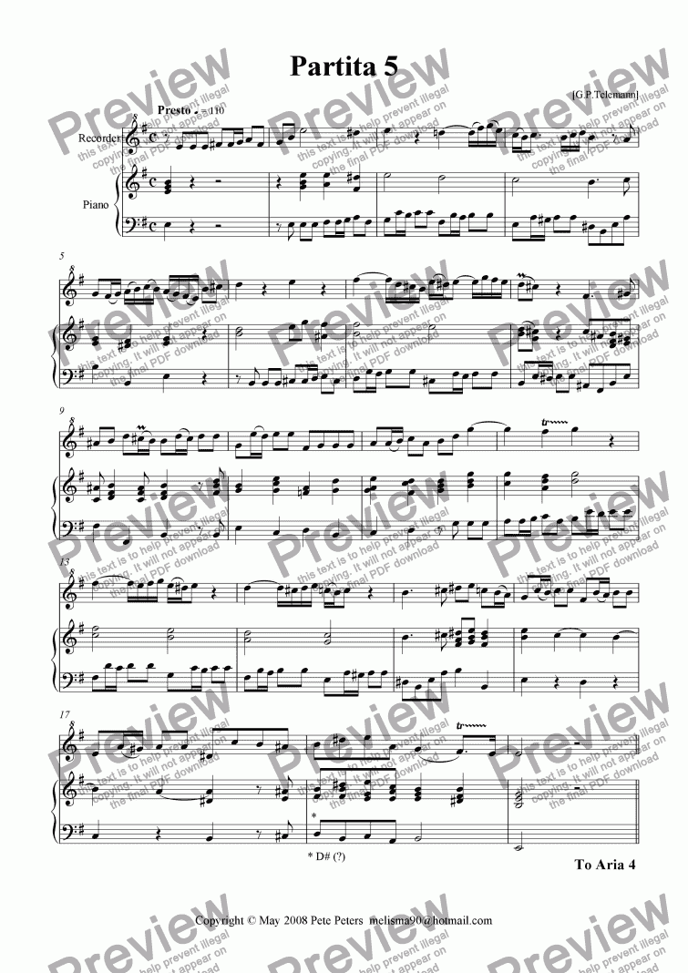 page one of Partita 5 [with Arias 4,5,& 6] Telemann [recorder]