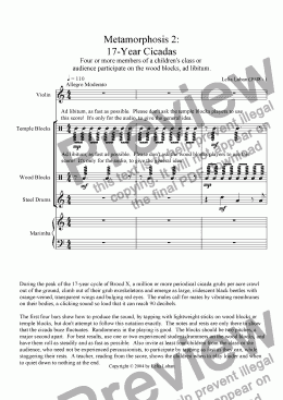 page one of Metamorphosis 2: 17-Year Cicadas (violin, marimba, steel drums, children with wood blocks)
