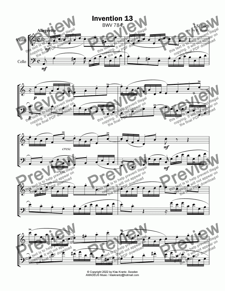 page one of Invention 8 BWV 779 for violin and viola