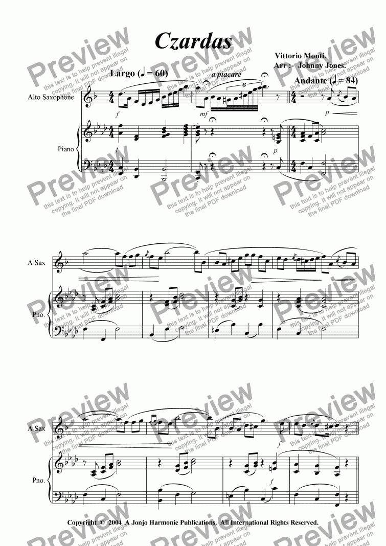page one of Czardas   (Alto Saxophone and Piano)