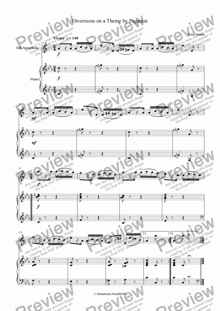 page one of Diversions on a Theme by Paganini - Alto Saxophone & Piano