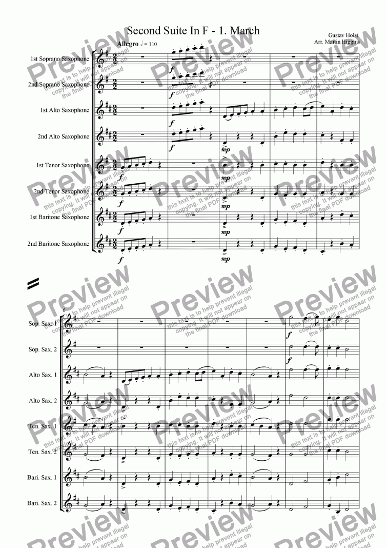 page one of Second Suite In F - 1. "March: Morris Dance, Swansea Town, Cloudy Banks" (Saxophone Octet)